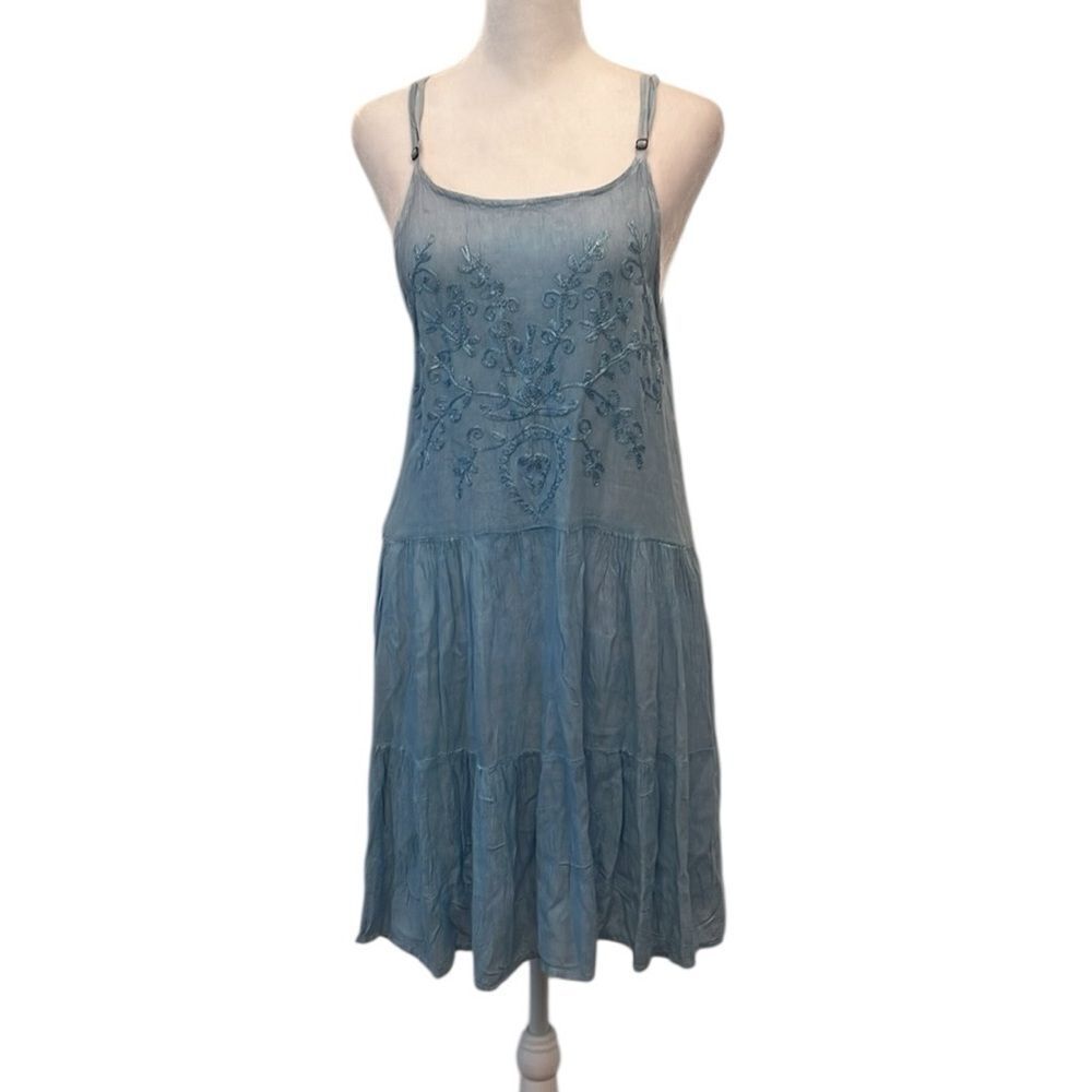 NWT BE beach size XL adjustable spaghetti strap blue embroidered sheer sundress